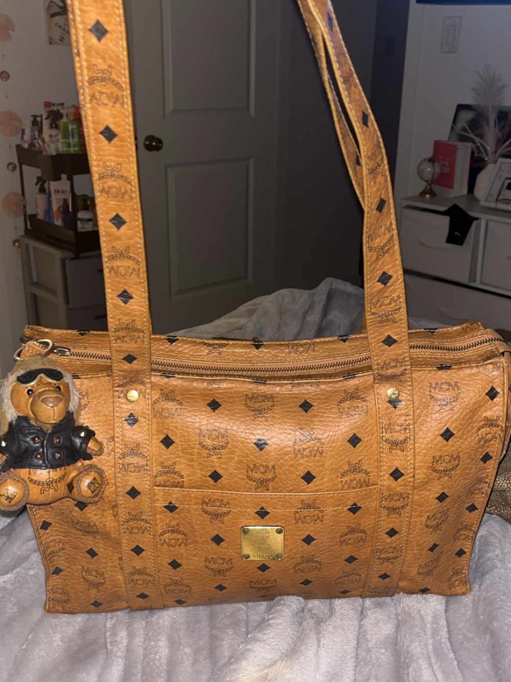 MCM Cognac Logo Shoulder Bag with MCM Bear Keychain